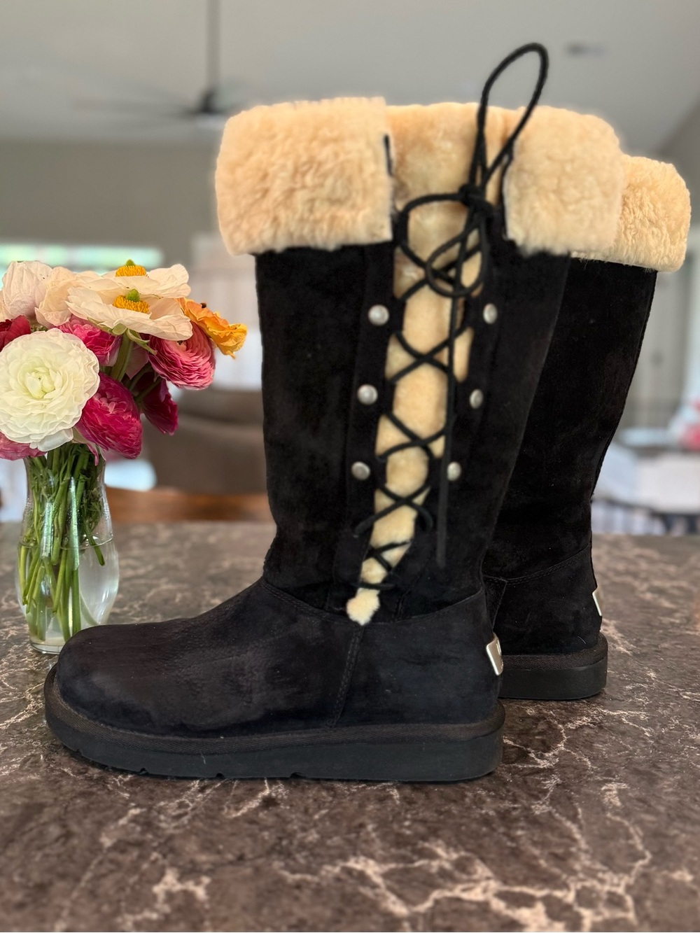UGG Upside Sheepskin Fur Kneehigh Black Suede Lace-Up Shearling-Trim Boots